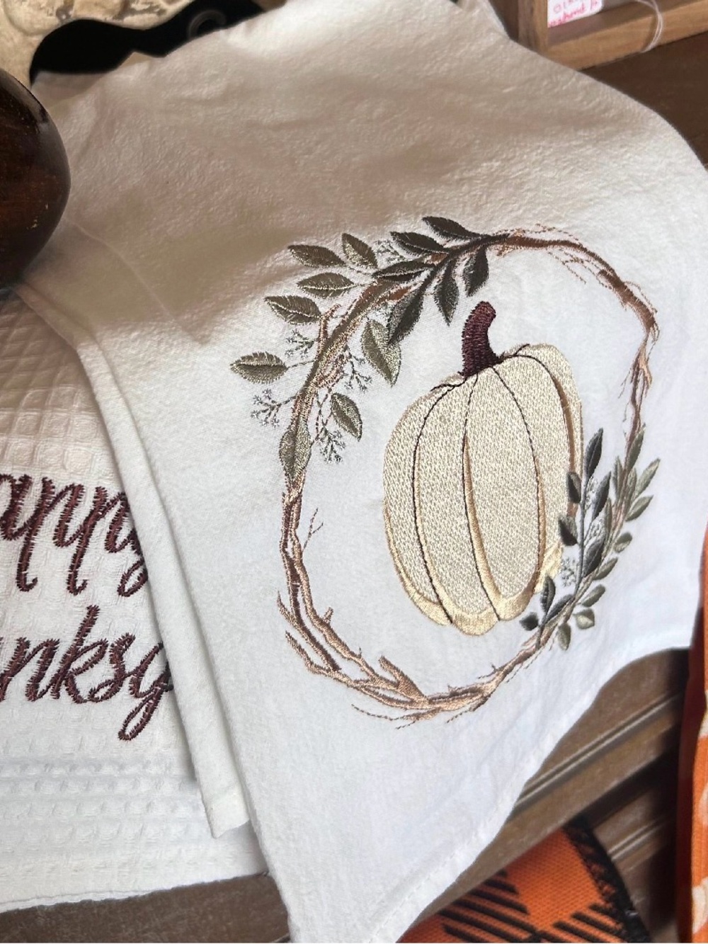 Fall Embroidered Pumpkin Holiday Kitchen Towel - Cream & Brown